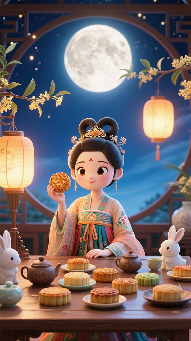 画面中心是坐在桌前、身着汉服的卡通嫦娥，她手持月饼，看着镜头，桌上摆放着多块月饼、茶具，兔子造型摆件。背景是夜空，点缀灯笼、圆月、星星点点的光效、桂花枝，光线明亮