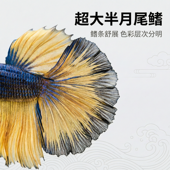 [主图 2] 泰国芥子半月斗鱼核心亮点展示主图
[氛围风格] 国潮风格，细节突出，传统水墨意境。
[画面元素] 商业摄影质感、光线柔和通透、产品清晰真实、画面干净高级。聚焦斗鱼超大半月尾鳍局部特写，放预览效果