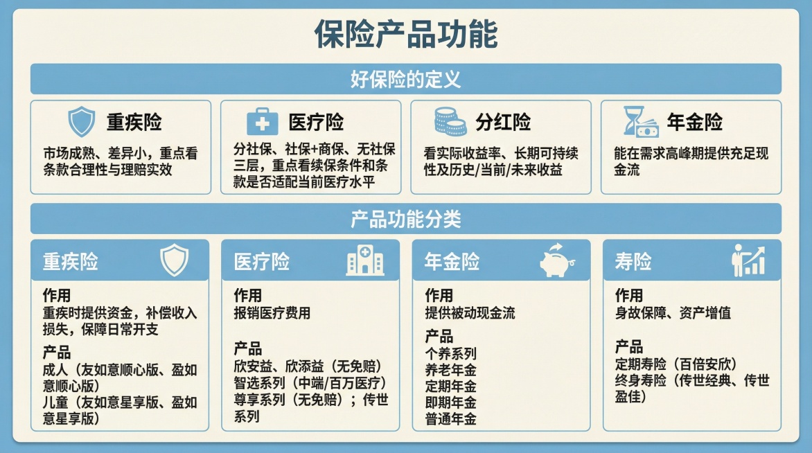 保留一下所有文字生成图片 
保险产品功能

 好保险的定义
 重疾险：市场成熟、差异小，重点看条款合理性与理赔实效
 医疗险：分社保、社保+商保、无社保三层，重点看续保条件和条款是否适配当前医疗水平预览效果