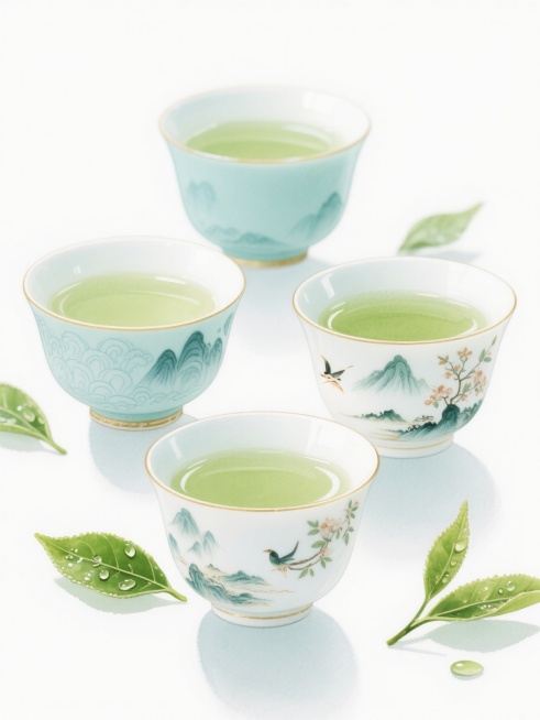 四个不同样式的中国风茶杯，每个茶杯都带有独特的传统纹样和造型，杯身以淡青色和白色为主色调，点缀精致的山水或花鸟图案，杯中盛有淡绿色的茶水，杯口和杯底有淡雅的描金线条，茶杯周围散落着几片新鲜的绿色茶叶，叶片上带有晶莹的露珠，整体画面采用清新淡雅的水彩风格，线条柔和流畅，色彩明快通透，光影柔和，营造出宁静雅致的东方茶文化氛围，背景为纯白色，突出茶杯主体，画面简洁干净，充满自然生机与传统韵味。预览效果