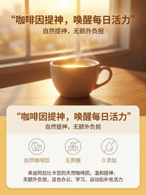 3:4竖版构图，上半部分为清晨阳光洒在咖啡杯上的场景图，光线从窗户透入，咖啡液泛起暖光。下半部分为功能性说明，用圆润图标标注「自然咖啡因」「无蔗糖」「0 添加」，搭配文案：“来自阿拉比卡豆的天然咖啡因预览效果