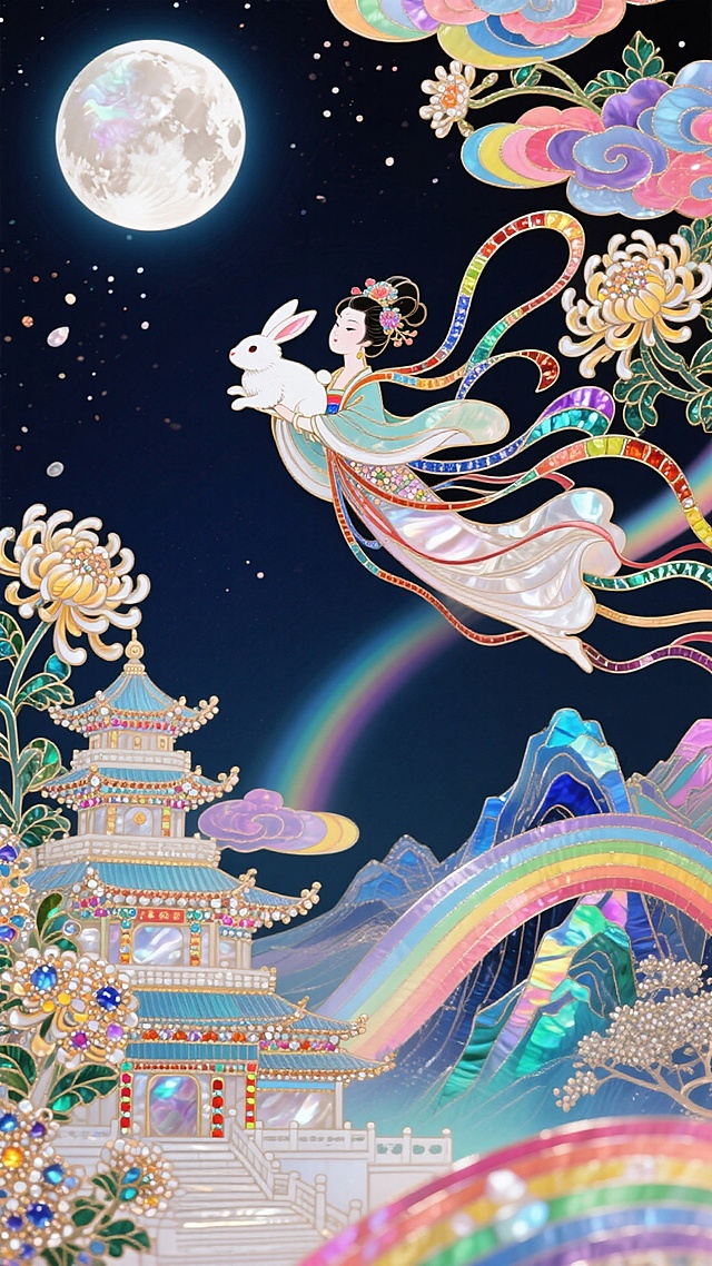 日漫风格，嫦娥怀抱玉兔飞向夜空，衣摆飘逸。周围环绕着祥云和盛开的菊花，背景上方是夜空中的一轮圆月，下方是流光溢彩的琼楼玉宇和山脉，非常规的动态构图