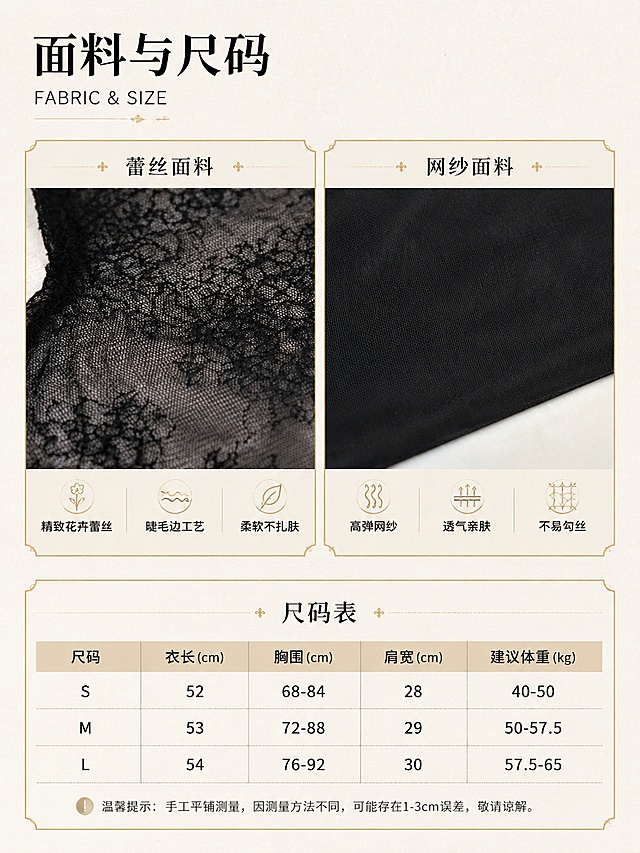 蕾丝背心面料工艺加尺码信息页。上半部分左右分栏：左侧为花卉蕾丝微距特写，右侧为网纱面料微距特写，各配小标题。下半部分为尺码表通栏。背景为米白色纸张质感，有轻微纹理。信息卡和表格有细金色边框装饰。左上主标题「面料与尺码」，粗宋体，下方英文「FABRIC & SIZE」细体。蕾丝面料卡：精致花卉蕾丝、睫毛边工艺、柔软不扎肤；网纱面料卡：高弹网纱、透气亲肤、不易勾丝。尺码表包含：尺码S/M/L、衣长、胸围、肩宽、建议体重。所有文字清晰可读，移动端友好。极简信息卡风格，高级感。3:4竖版比例，4K高清画质。
