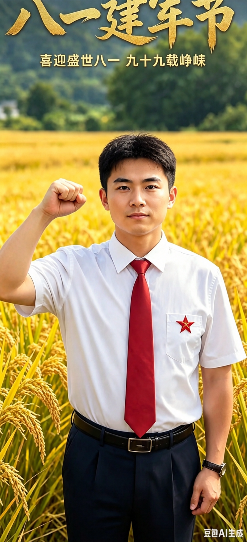 将图中的中年男性换成年轻小伙，保持姿势、服装（白衬衫+红领带+… - 图片创意预览