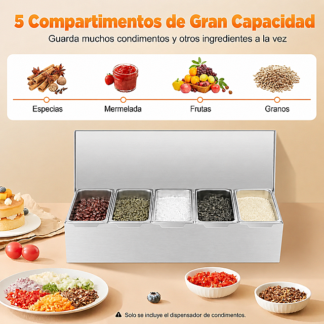 将原图的标题"6 Compartimentos de Gran Capacidad"改为"5 Compartimentos de Gran Capacidad"，调味盒格子从6格修改为5格，去掉一个格子，其余文字和产品设计不变，保持西班牙语，整体风格不变，比例1:1
