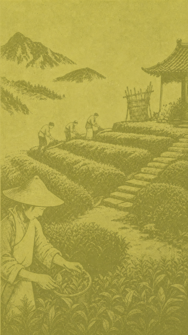 提取原图中雪芽白茶标签的纯色背景，保留复古版画风格的茶山采茶暗纹纹理，生成浅黄绿色调的不干胶底部背景图，去掉所有文字内容，保持原设计质感预览效果