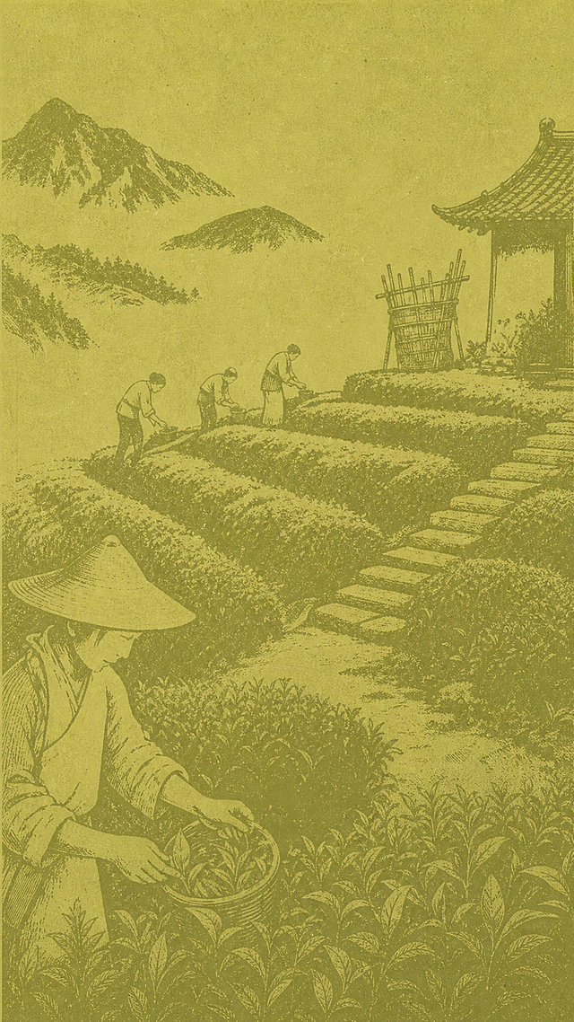 提取原图中雪芽白茶标签的纯色背景，保留复古版画风格的茶山采茶暗纹纹理，生成浅黄绿色调的不干胶底部背景图，去掉所有文字内容，保持原设计质感