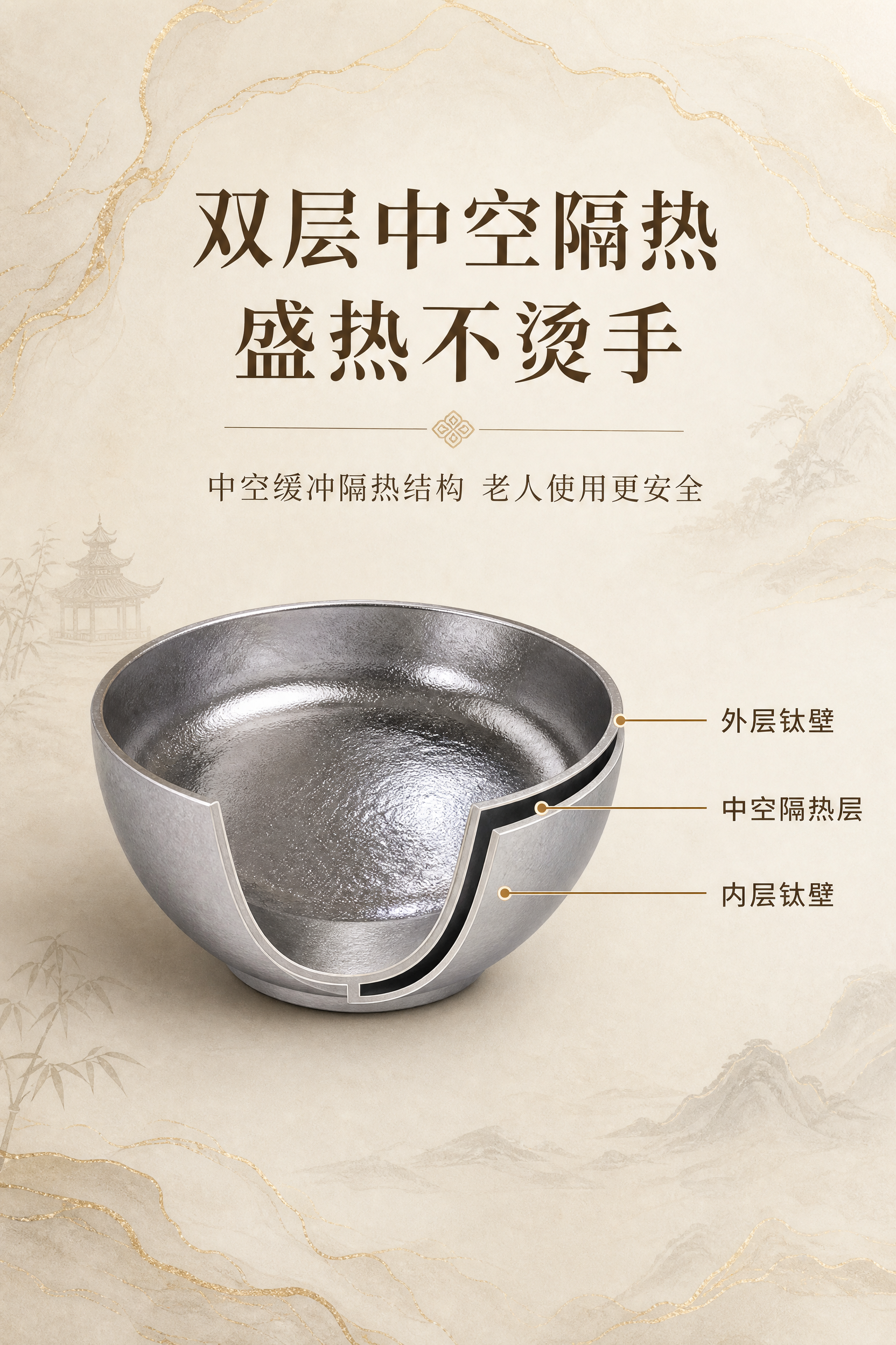将背景替换为浅鎏金纹理的新中式极简背景。画面中心展示纯钛双层碗… - 图片创意预览