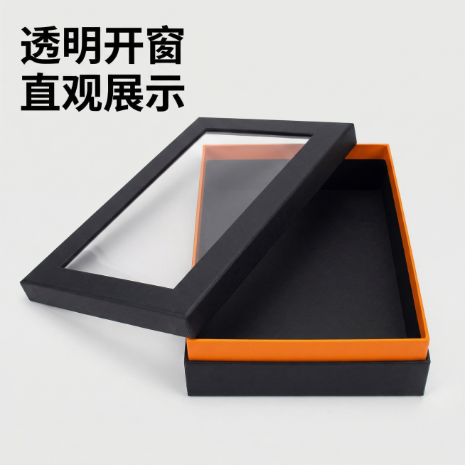 [主图 4] 开窗款细节展示主图
[氛围/风格] 清晰展示特点，保持整体风格光影统一。
[画面元素] 商业摄影质感、光线柔和通透、产品清晰真实、画面干净高级。聚焦展示带透明开窗的黑色橙色天地盖盒，打开预览效果