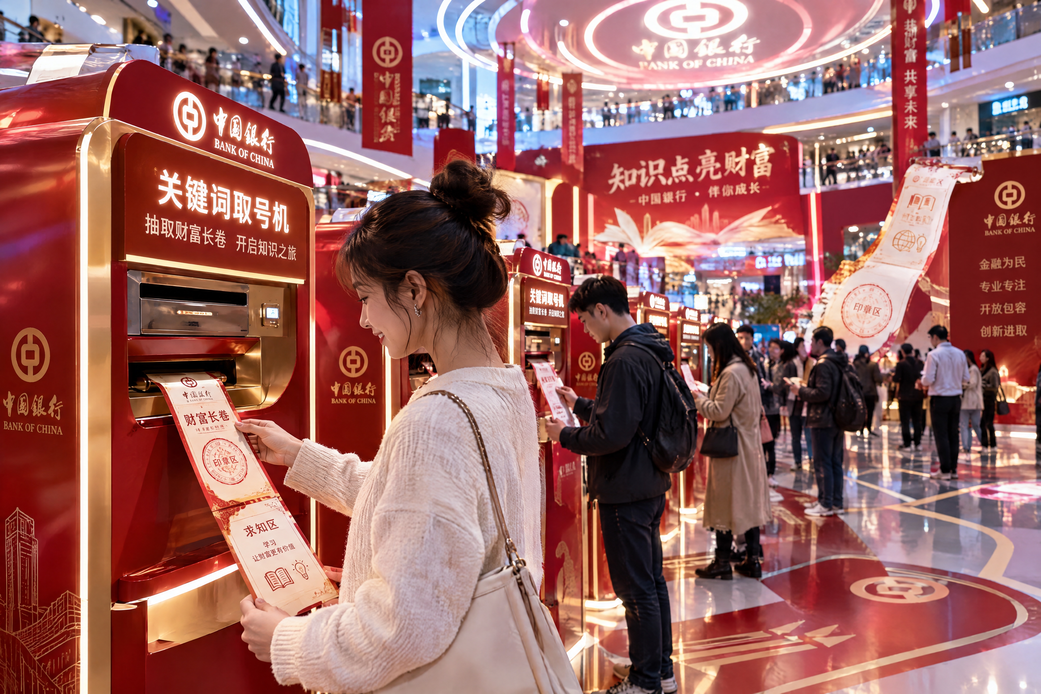 中国银行快闪活动场景，商业摄影与3D渲染结合风格。空间内排列着… - 图片创意预览