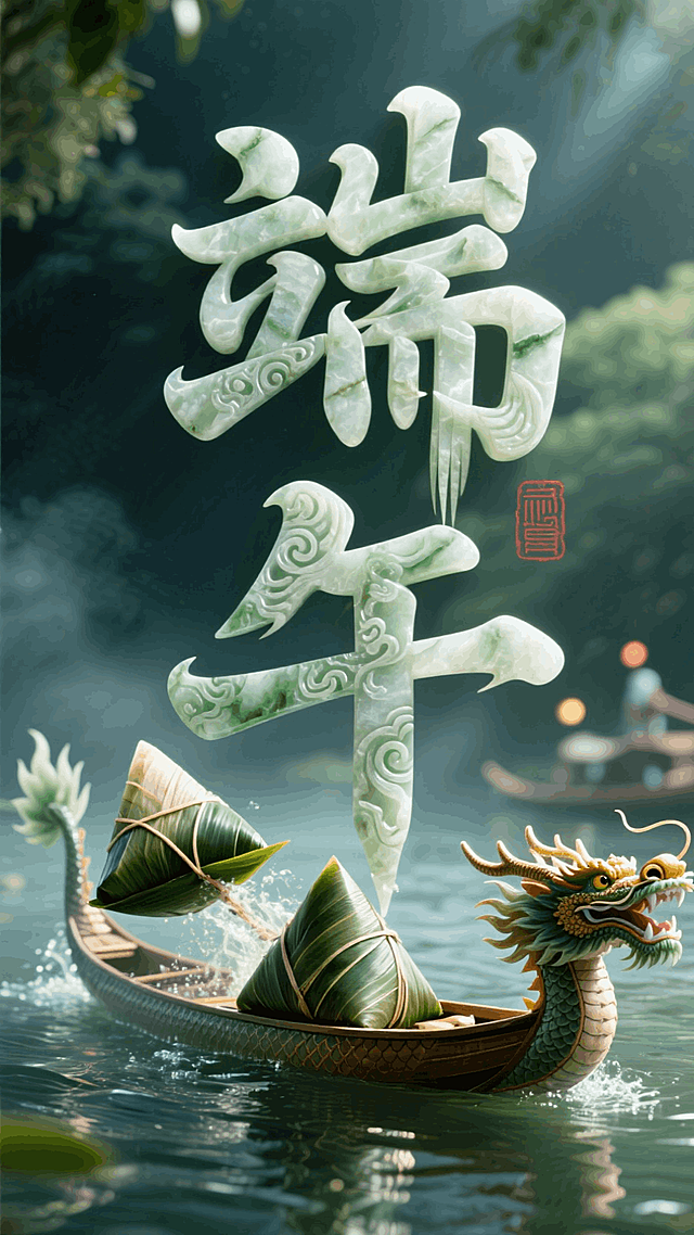 “端午”大字笔画与龙图腾融合变形，字体玉石材质。粽子投入水里常被蛟龙所窃，龙舟，增加端午相关元素，电影打光