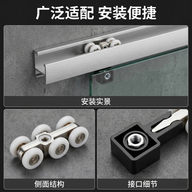 [主图 4] 静音吊轮安装适配展示。
[氛围风格] 极简工业风，实用清晰。
[画质] 商业摄影质感，产品清晰真实，画面干净通透。
[元素] 拼图版式，上半部分展示静音吊轮完整安装在移门轨道中的实景效果预览效果