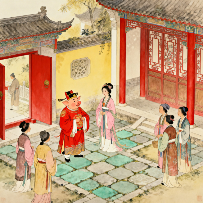 西游记主题插画，猪八戒作为主角突出展示，高老庄娶亲场景，古典国风，细节丰富，庭院布景精致，人物互动生动，充满故事性，色彩柔和雅致预览效果