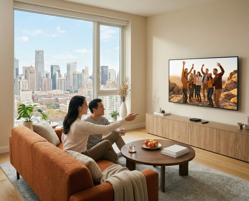 保持原有场景内容，镜头以图中的一男一女人物为核心，往左上后方环绕旋转30度调整拍摄视角，保持所有物品和人物的原有特征、色调和材质表现，依然是现代明亮温馨的客厅家庭观影场景预览效果