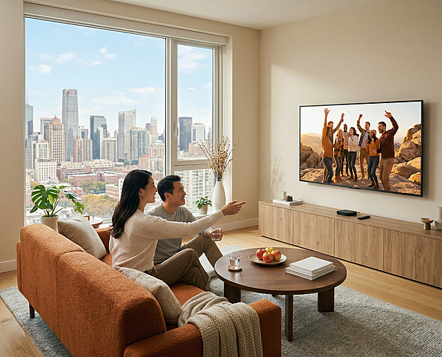 保持原有场景内容，镜头以图中的一男一女人物为核心，往左上后方环绕旋转30度调整拍摄视角，保持所有物品和人物的原有特征、色调和材质表现，依然是现代明亮温馨的客厅家庭观影场景