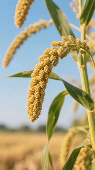 阳光下成熟饱满的小米谷穗特写，金黄颗粒与翠绿长叶相映，浅景深突出穗粒质感，自然柔和光线勾勒植物轮廓，田野背景虚化营造丰收氛围，展现小米作物的原生态生长状态预览效果