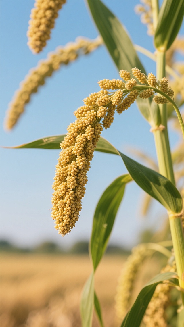 阳光下成熟饱满的小米谷穗特写，金黄颗粒与翠绿长叶相映，浅景深突出穗粒质感，自然柔和光线勾勒植物轮廓，田野背景虚化营造丰收氛围，展现小米作物的原生态生长状态