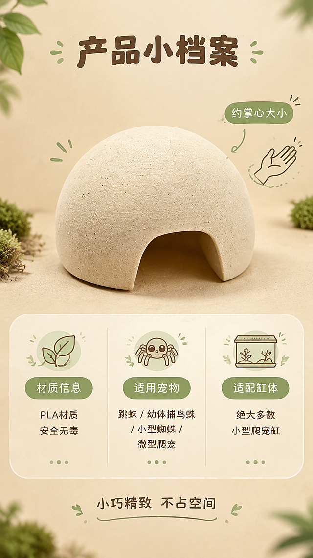 [商品] 使用【图7】素椰白款素胚仿真椰子躲避屋；保留半球形、宽口洞口、米色素胚磨砂质感；产品角度端正，作为规格展示标准照。
[画面] 第9张 规格参数与选购指南，目标清晰展示产品核心参数和适用信息，帮助买家快速判断是否合适。竖版9:16，采用上产品下信息的构图。上方约40%是产品正面标准照，放置在干净的暖米色背景中央，旁边有细细的尺寸标注线示意大小（标注「约掌心大小」的相对尺寸概念，不虚构精确数值）。下方约60%是软萌圆角信息卡区域，分三栏：①材质信息（PLA材质 安全无毒）②适用宠物（跳蛛/幼体捕鸟蛛/小型蜘蛛/微型爬宠）③适配缸体（绝大多数小型爬宠缸）。信息卡用圆角半透明奶白色卡片样式，配可爱的细线图标。
[视觉] 套系策略：风格=自然森系高级治愈商业摄影；标题字=圆润粗黑无衬线体（萌系圆角）；正文字=细圆体；主色=暖棕米色；背景延展=基于暖棕米色做深浅渐变、同色系层次、细腻纸张质感；强调色=苔藓绿+奶白色，仅用于小面积图标、引线、标签和装饰圆点；标题色=深棕褐色；正文色=中暖棕色；组件=圆角半透明奶白卡片、细线手绘风图标、圆点装饰；光影=柔和均匀正面光，产品清晰端正。
[文字] 产品上方大标题「产品小档案」，下方三栏各有小标题和简短说明，文字清晰易读，手机端友好。底部一行「小巧精致 不占空间」。
[规格] 图片比例9:16竖版，4K，信息清晰排版整齐，避免编造精确尺寸数据、绝对化用语、变形、错字、水印、平台logo。
