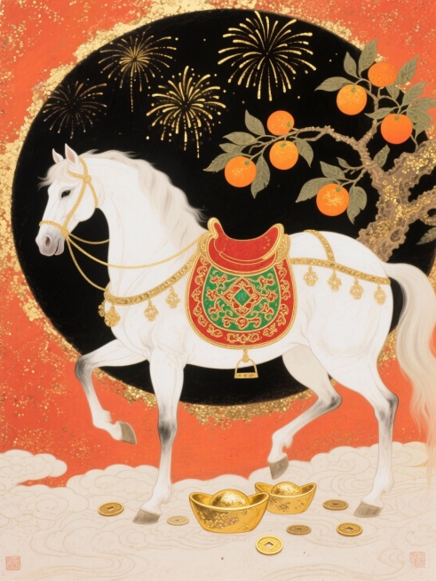 中式岩彩画风格马年喜庆插画，暖橙红高饱和色调，采用平涂式岩彩画工笔重彩风格，颗粒感肌理，画面视角为平视，中心对称构图。主体是一匹占画面 60% 比例的白色骏马，呈前蹄抬起的前行姿态，朝向画面左侧，身披预览效果