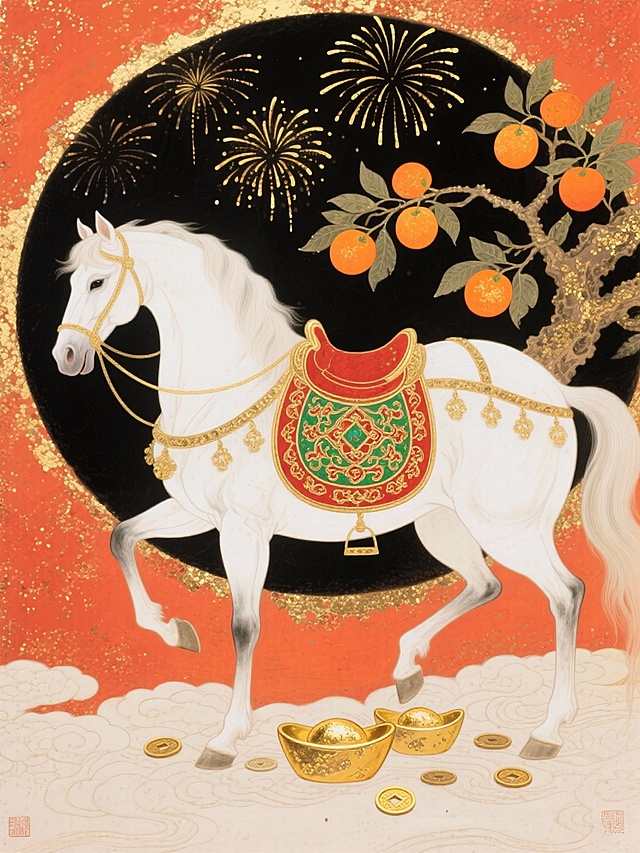 中式岩彩画风格马年喜庆插画，暖橙红高饱和色调，采用平涂式岩彩画工笔重彩风格，颗粒感肌理，画面视角为平视，中心对称构图。主体是一匹占画面 60% 比例的白色骏马，呈前蹄抬起的前行姿态，朝向画面左侧，身披红底绿金掐丝珐琅纹样鞍垫，鞍垫上固定着带硕果的橙树，橙树结有 3-4 颗饱满的橙色果实，枝叶繁茂。骏马脚下是散布的金色元宝、铜钱，踏在米白色祥云纹理的地面上。背景层次丰富：底层为暖橙红色渐变底色；中层是深黑色圆形夜空，点缀 4-5 组金色放射状烟花纹样，夜空边缘环绕白色祥云；上层是青绿山水轮廓与红墙金瓦的中式建筑一角；左上角悬浮一枚金色方孔铜钱，整体营造出马年 “马上有财、万事大吉” 的喜庆寓意，元素间以色彩呼应和层次叠加形成统一的视觉叙事。