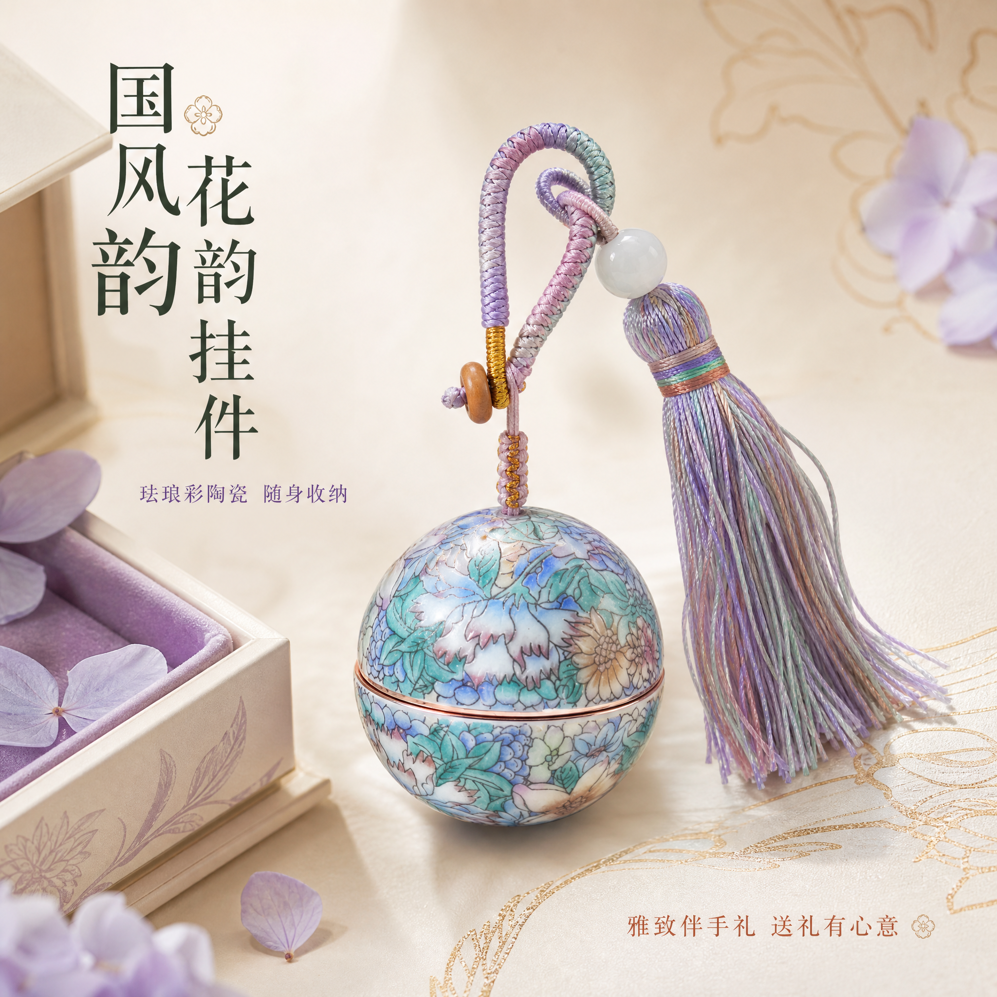 [主图-1] 国风万花款珐琅彩陶瓷分装罐钥匙扣挂件 首图氛围展… - 图片创意预览