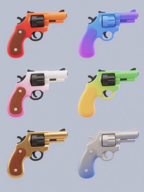 六个软3D风格左轮手枪图标，保持原手枪形态、棕色木质握把纹理、金属枪身结构及黑色轮廓线特征，分别采用红橙渐变、蓝紫渐变、黄绿渐变、粉白渐变、棕金渐变、灰蓝渐变配色，纯色背景，规整网格排布，无文字二维码预览效果