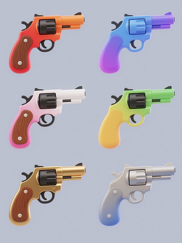 六个软3D风格左轮手枪图标，保持原手枪形态、棕色木质握把纹理、金属枪身结构及黑色轮廓线特征，分别采用红橙渐变、蓝紫渐变、黄绿渐变、粉白渐变、棕金渐变、灰蓝渐变配色，纯色背景，规整网格排布，无文字二维码