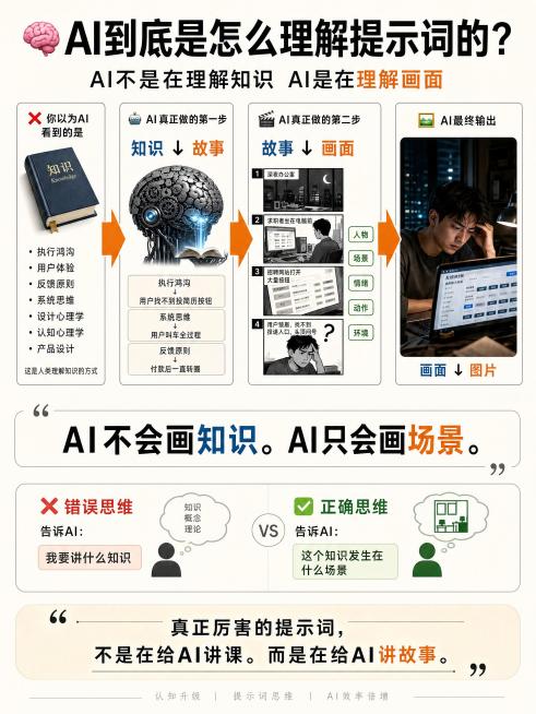 小红书爆款知识分享风格，AI提示词教学海报，奶白色背景，高级留白设计，Apple发布会风格，信息图设计风格，认知升级类海报，竖版。页面标题："🧠 AI到底是怎么理解提示词的？"，副标题："AI不是在预览效果