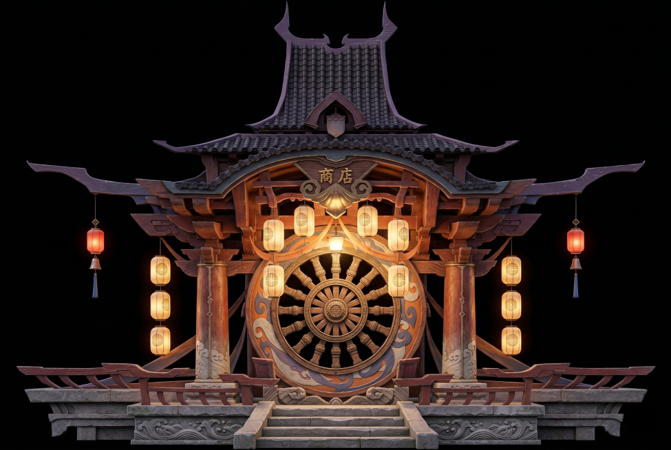参考图片设计稿风格，生成写实渲染的中式古风小型仿古建筑门楼：顶部翘角传统黑瓦屋檐，红棕色木质梁柱结构完整无断开，搭配多层灰色石质基座刻海浪浮雕；主体红棕色雕花木质框架，搭配汉白玉质感立柱墙面，雕刻祥云预览效果