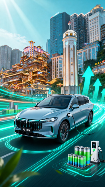 企业文化宣传竖版海报，紧密围绕《赛力斯基本纲领》，展示公司宗旨使命愿景价值观和企业精神，融入问界M6汽车元素、重庆地标建筑，体现新能源汽车行业特色和未来发展愿景，设计新颖寓意深刻，视觉冲击力强，积极正预览效果