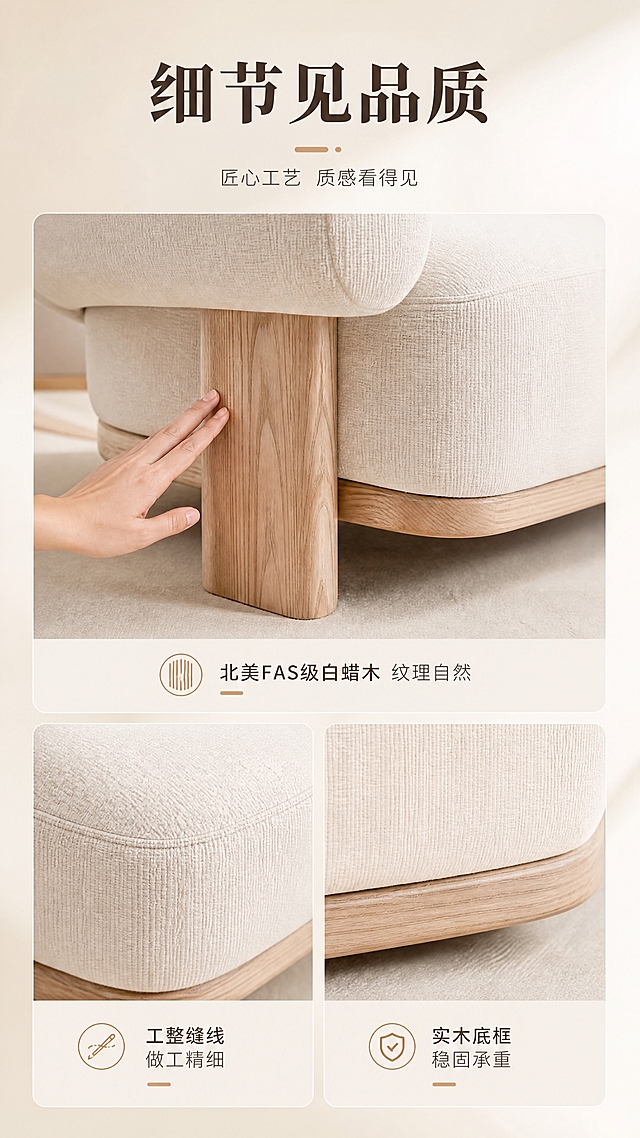 [商品] 使用【图1】D2514米白色棉麻休闲椅；保留圆润环抱靠背、一体式扶手、座包饱满弧度、北美FAS级白蜡实木前腿与底框、米白亲肤棉麻面料、整体比例与结构；自然理顺面料褶皱，增强棉麻纹理与实木木纹质感，不改变颜色和造型。
[画面] 目标：细节工艺展示，强化品质感。构图：三宫格细节特写，上1大+下2小，或左1大+右2小。主体：大图为白蜡木椅腿木纹特写（手轻轻抚摸木纹），小图1为座包缝线工艺特写，小图2为底部实木底框结构特写。背景：浅米色干净背景，侧光突出材质纹理。
[视觉] 套系策略：风格=高级大气奶油系家居商业摄影；标题字=现代简约衬线粗体；正文字=简洁无衬线体；主色=奶白米杏；背景延展=基于奶白米杏做深浅层级、同色渐变和细腻墙面/织物质感；强调色=浅焦糖棕，仅用于小面积图标、引线和标签；标题色=深暖棕；正文色=中暖灰；组件=圆角浅底信息卡、细线引线、极简icon；光影=左前侧暖柔光，柔和自然阴影。
[文字] 顶部主标题「细节见品质」（5字）；每个细节图下方配短标签：「北美FAS级白蜡木 纹理自然」「工整缝线 做工精细」「实木底框 稳固承重」。文字清晰不遮挡细节。
[规格] 图片比例9:16竖版，4K分辨率，淘宝/天猫适配，中文简体，避免变形、错字、文字过小、冷蓝/冷灰背景、椅子颜色改变、结构失真、极限词。