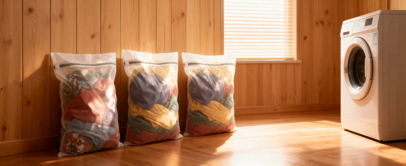 三个大小完全一致的白色网纱洗衣袋，拉链封口，内部装有彩色衣物，保持每个洗衣袋大小完全相同，产品结构与外观绝对不变，严禁扭曲变形或大小差异。
全部三个洗衣袋放置在画面的最左侧，排列整齐，右侧留出洗衣房空预览效果