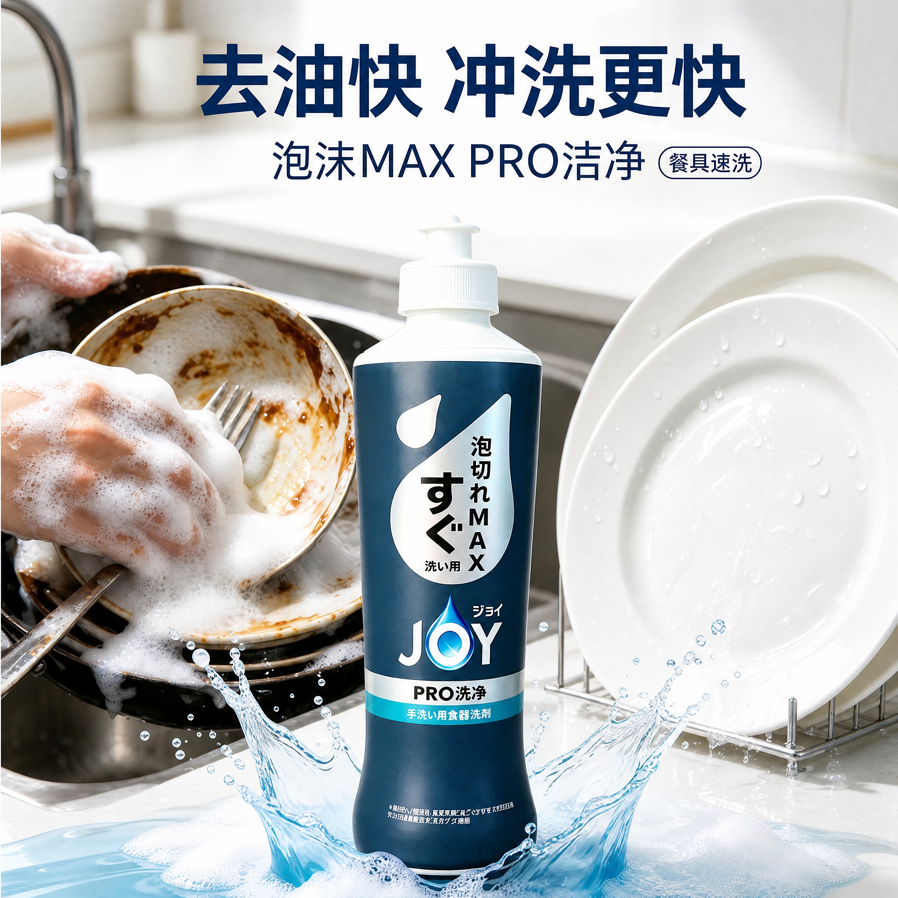 参考第2张图的排版布局：产品瓶身位于画面正中央，底部有蓝色水花… - 图片创意预览