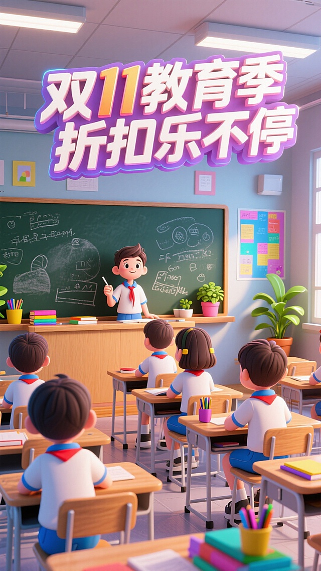 教室课堂背景。同学们认真听讲，点缀黑板、课桌、板报、绿植等元素，主标题立体字“双11教育季 折扣乐不停”