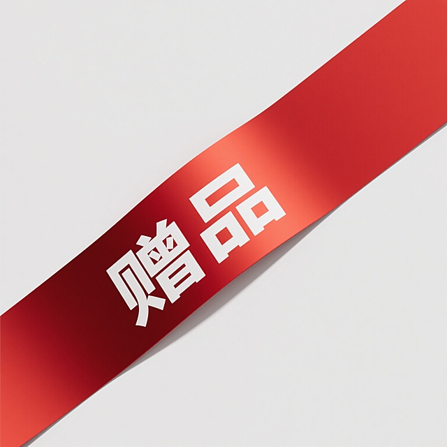 一个位于白色背景左上角的红色斜角飘带，飘带呈现出具有一定厚度的立体效果，边缘有细微的暗红色阴影过渡以增强立体感，飘带表面平滑无纹理，中央位置以白色粗体无衬线字体纵向排列着“赠品”两个汉字，字体结构方正饱满，与红色飘带形成强烈的色彩对比，整体设计简洁明了，具有醒目的视觉引导作用，传达出促销或附加价值的信息。