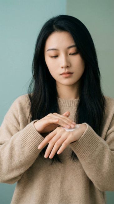 画面初始状态和提示一致，模特双手贴在手背做好涂抹准备，画面亮度均匀，浅茶绿渐变背景干净统一；模特以极舒缓的节奏，双手从手背轻柔涂抹至指尖，重点照顾指缘位置，全程仅保留涂抹动作，无多余内容；完成涂抹后定预览效果