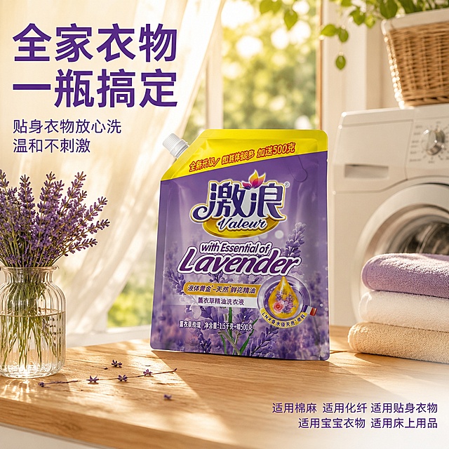 [主图-4] 激浪洗衣液家庭阳台使用场景图
[氛围风格] 自然温馨家居风，阳光阳台场景，偏自然真实感
[画质] 商业摄影质感、自然光柔和温暖、产品清晰真实、画面干净高级，超高清
[元素] 激浪薰衣草精油洗衣液袋装产品放在阳台洗衣区木质台面上，产品外观与输入产品图绝对一致，杜绝任何变形和色差，商品主体占比约55%。旁边有白色洗衣机一角、叠放整齐的干净毛巾、一个装着薰衣草花束的玻璃花瓶。背景是明亮的阳台落地窗，白色纱帘飘动，窗外是模糊的绿色植物和阳光光斑。台面上散落几片薰衣草花瓣，营造自然生活氛围。整体是真实家庭洗衣场景，温馨有代入感。
[光影] 午后自然阳光从窗外透过纱帘洒入，形成柔和斑驳光影，产品受光均匀，台面有自然阴影，整体温暖明亮有生活气息
[配色] 主色调暖白、木色；辅色薰衣草紫、阳光金、绿植绿
[视角构图] 45度斜侧俯视视角，展现台面布局与产品；前中后景分层，景深自然
[文字版式] 左上负空间左对齐。主标题大字「全家衣物 一瓶搞定」，深紫色粗体大号无衬线字；下方两行小字「贴身衣物放心洗 温和不刺激」。右下角极轻微半透明白蒙层，紫字右对齐两行：「适用棉麻 适用化纤 适用贴身衣物」「适用宝宝衣物 适用床上用品」。文字全部在负空间，不遮挡产品主体。
[输出要求] 1:1比例，文字清晰可辨，超高清商业摄影质感
[负向提示词] 变形，文字错乱，产品图模糊，背景杂乱，水印，电商平台Logo