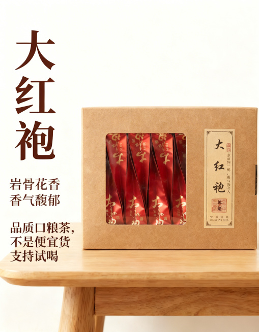 在这张大红袍详情图左下角原有文字下方添加文字：“品质口粮茶，不是便宜货 支持试喝”，保持整体简约风格，原有内容和排版不变，不能出现违禁词预览效果