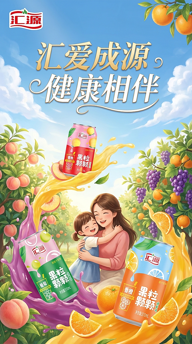 汇源易拉罐母亲节海报，主题文字"汇爱成源 健康相伴"，包含温馨人物，蓝天白云背景，果园场景，使用参考图中的汇源黄桃、葡萄、香橙易拉罐产品，新颖创意构图，高级感创意画面，9:16竖版