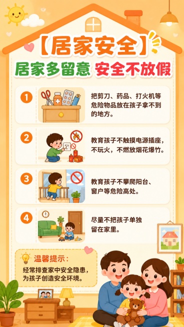 幼儿园居家安全宣传海报，风格轻快可爱卡通，标题"【居家安全】居家多留意 安全不放假"，包含四条安全提示和温馨提示，背景暖橙色温馨家庭风格，搭配卡通房子和家具图案，文案："把剪刀、药品、打火机等危险物品预览效果