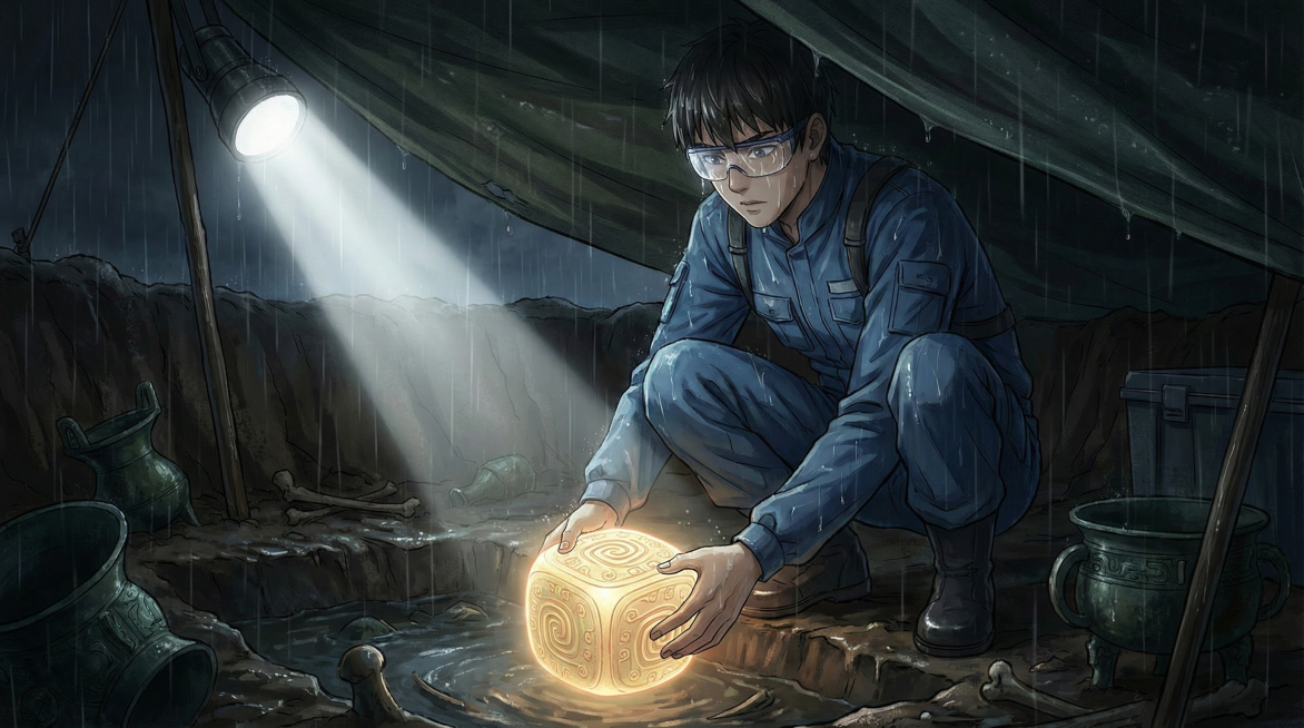雨夜考古现场与异常玉琮 提示词：动漫风格，雨夜考古现场，临时防雨棚下的西周祭祀坑，探照灯投射惨白光束穿透雨幕，泥泞地面，一名穿蓝色考古服的年轻男子（林牧）蹲在坑边，指尖轻拂一件玉琮，玉琮泛着非玉质的古预览效果