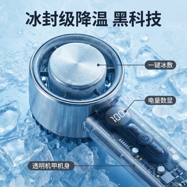[主图3 细节展示] 主图主题：冰敷手持小风扇核心结构细节；风格：冰爽科技感，冰块背景，与整体风格统一；画面元素：原产品冰敷头细节放大展示，背景搭配散落碎冰块，冷调光影突出产品科技质感，产品原外观保持预览效果