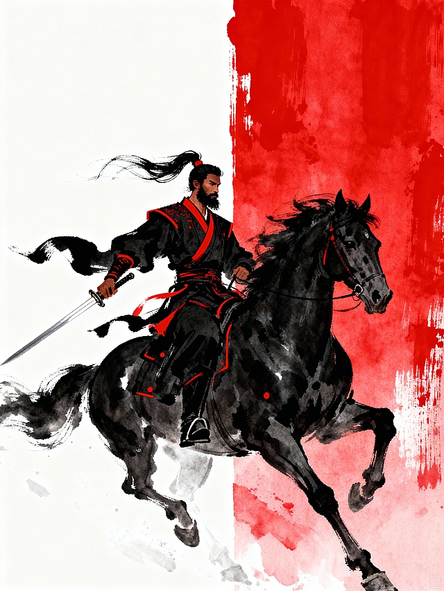 主体内容: 简约水墨风格近实远虚，身着黑色古风服饰（饰有红色线条细节）的佩剑侠士（较黑的肤色，黑色络腮胡），黑发高束且长发随风飘动，骑乘一匹黑色奔马，马匹姿态矫健

动作行为: 侠士与奔马呈向前疾驰的动态，马匹前蹄扬起、鬃尾飘逸，侠士身姿挺拔，佩剑随动作倾斜, 

场景设定: 画面以竖版分割呈现，左侧为纯净白色背景，右侧为带有毛笔笔触纹理的高饱和红色背景, 

风格参考: 抽象风格，中式水墨写意风格，融合现代插画的强烈色彩对比", 

构图视角: 纵向竖幅构图，主体（侠士+奔马）占据画面中心区域，背景的红白分割增强视觉冲击力, 

细节补充: 侠士服饰的红色线条细节点缀黑色剪影，背景红色区域的毛笔笔触纹理自然粗犷，整体画面兼具写意的飘逸与视觉的力量感
