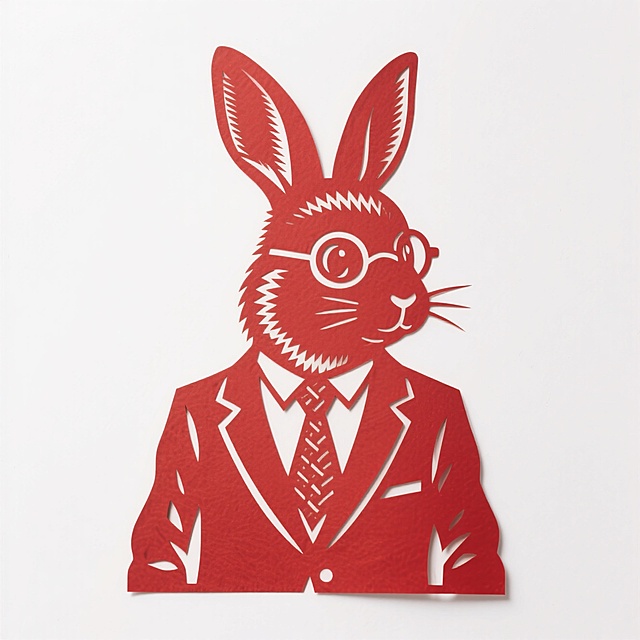 一只拟人化的兔子，穿着一件高级质感的西装+衬衣+领带，戴着一副圆框眼镜，一脸认真地注视着镜头