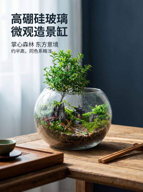 [主图 1] 高硼硅玻璃微观造景缸产品首图。
[氛围风格] 中国风高端质感，真实大气，浅黛色简约背景，自然东方意境。
[画质] 商业摄影质感、光线柔和通透、产品清晰真实、画面干净高级。
[元素] 高硼预览效果