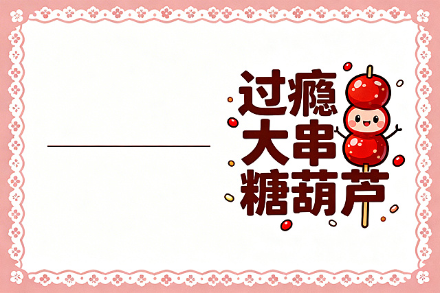 清新可爱风格插画，画面右侧是卡通糖葫芦形象，标注较大的文字“过瘾大串糖葫芦”，周围搭配小糖粒、梅花花边装饰，画面左侧留空白区域并画一条横线，无其他形象，红棕配色
