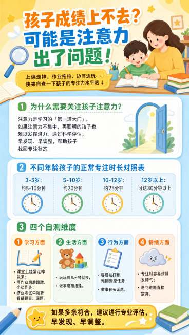 制作一张儿童专注力科普海报，主标题是"孩子成绩上不去？可能是注意力出了问题！"，副标题是"上课走神、作业拖拉、边写边玩……快来自查一下孩子的专注力水平吧 ↓"。内容包含：为什么需要关注孩子注意力：注意预览效果