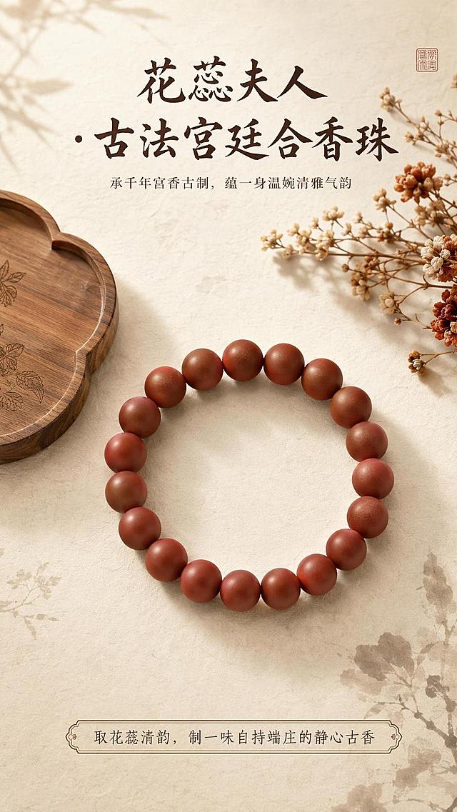[第1屏] 花蕊夫人·古法宫廷合香珠淘宝详情页头图，本屏使用【图1】作为商品主体。
[氛围/风格] 新中式国风氛围感，古朴雅致高级感，商业摄影质感，宣纸纹理背景。
[元素布局] 红棕色香珠手串放置画面中央，占比约65%，左侧搭配素雅浅棕色木质茶盘，右上角点缀干花装饰，整体保留商品的圆形串珠结构、朱砂红棕颜色与原图一致，细节清晰。
[光影质感] 左上侧柔和柔光，右下自然投影，香珠表面保留哑光质感，明暗层次舒适自然。
[配色色系] 全局底色 #F5F0E6，主色米宣纸浅棕，辅助色原木色、干花赭石，突出产品红棕色。
[视角构图] 45度斜俯视拍摄，商品主体居中，阅读从上到下流畅自然。
[文字版式] 顶部主标题「花蕊夫人 · 古法宫廷合香珠」，副标题「承千年宫香古制，蕴一身温婉清雅气韵」，意境slogan居中位于产品下方「取花蕊清韵，制一味自持端庄的静心古香」，标题使用书法字体，正文使用雅致宋体，文字区域不遮挡商品主体，层级清晰。
[比例分辨率] 9:16竖版比例，4K分辨率，文字清晰可辨，高清画质。
[负向提示词] 商品变形，结构错误，颜色偏差，文字错乱，文字过小，背景杂乱，水印，产品模糊