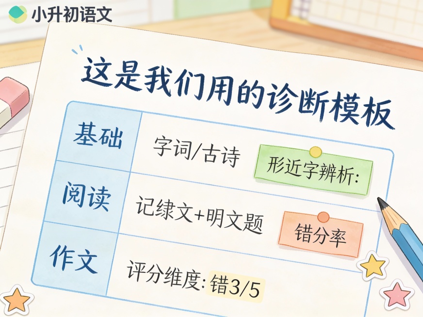 小红书风格教育手账插画，一张真实感但美观的「小升初语文 学情诊断卷」页面特写。试卷顶部有手写字体标题：“这是我们用的诊断模板”，下方分为三大模块区域：基础（字词/古诗）、阅读（记叙文+说明文题）、作文预览效果