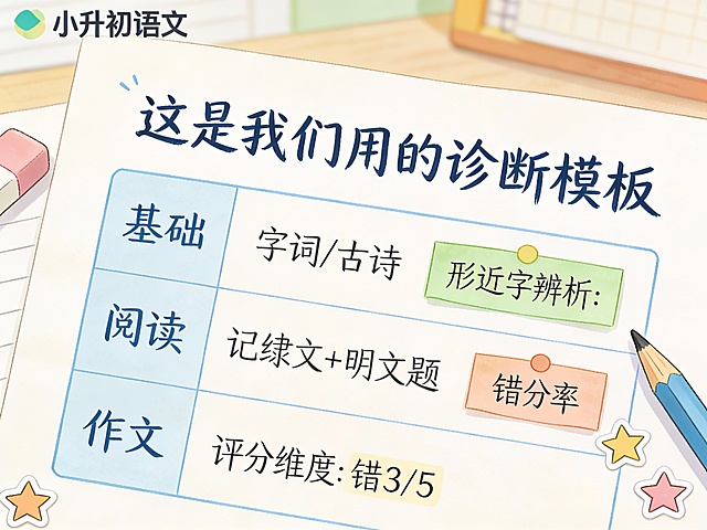 小红书风格教育手账插画，一张真实感但美观的「小升初语文 学情诊断卷」页面特写。试卷顶部有手写字体标题：“这是我们用的诊断模板”，下方分为三大模块区域：基础（字词/古诗）、阅读（记叙文+说明文题）、作文（评分维度）。每个模块旁有彩色便签标注失分率（如“形近字辨析：错3/5”），角落有铅笔、橡皮、小星星贴纸。整体色调为米白纸底 + 柔和蓝绿墨水色，背景虚化书桌一角，营造真实又温馨的学习场景。风格：干净、可打印、妈妈友好型学习资料。